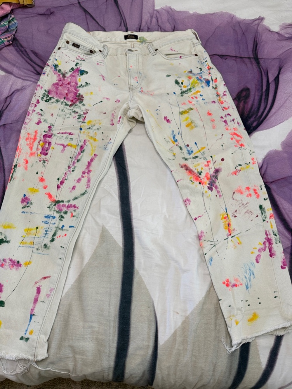 Polo by Ralph Lauren White Straight Leg Jeans with Multicolor Paint Splatter